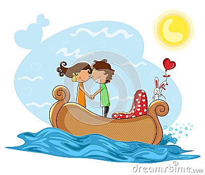 Love couple kissng in boat Vector Illustration
