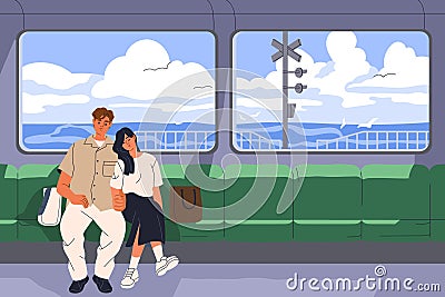 Love couple in overground metro, suburban train. Romantic man, napping woman passengers sitting in public transport, sea Vector Illustration