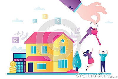 Love couple rejoices buying new home. Mortgage and investment in real estate. Cartoon character take house loan Vector Illustration