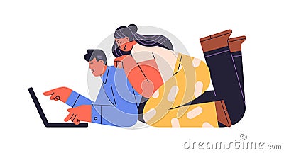 Love couple relaxing with laptop, lying together and laughing. Happy man and woman online, watching smth funny on Vector Illustration