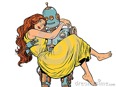 Love couple robot and woman Vector Illustration