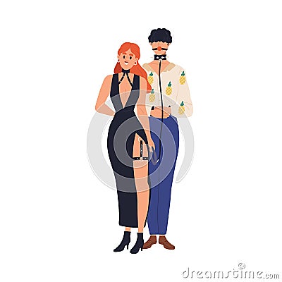 Love couple, sexy woman leads man on leather leash. BDSM fetish, intimate relationship concept. Playing roles of Vector Illustration