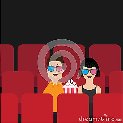 Love couple sitting in movie theater eating popcorn. Film show Cinema background. Viewers watching movie in 3D glasses. Red seats Vector Illustration