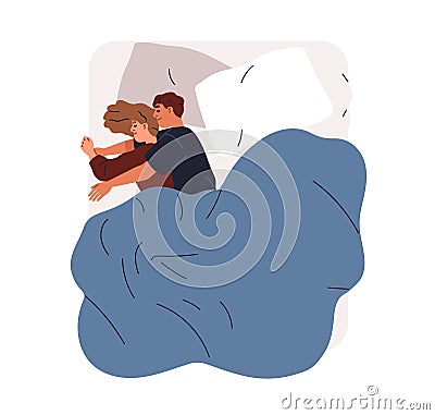 Love couple sleeping, embracing, hugging at night. Family asleep, lying in bed, top view. Happy man and woman cuddling Vector Illustration