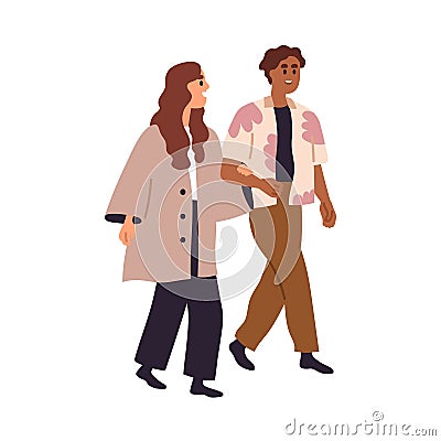 Love couple walking. Happy romantic woman and man strolling, talking together. Smiling interracial boyfriend, girlfriend Vector Illustration