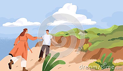 Love couple walking in nature. Happy free man and woman at sea coast. Romantic date, stroll at countryside. Calm Vector Illustration