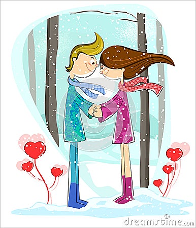 Love couple in winter forest Vector Illustration