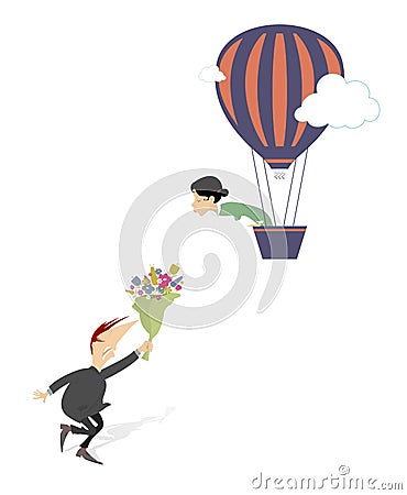 Love couple. Young woman flying away from the bridegroom on the air balloon Vector Illustration