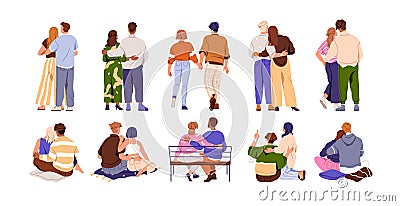 Love couples dating, hugging, walking, back view. Men and women in romantic relationship, embracing, sitting, standing Vector Illustration