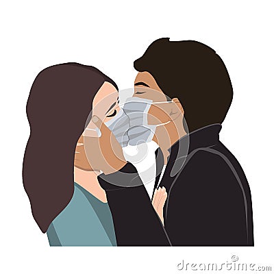 Love on Covid Quarantine, a Passionate Kiss Vector Illustration. Romantic man and woman couple kissing In Protective Vector Illustration