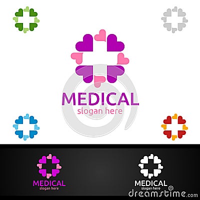 Love Cross Medical Hospital Logo for Emergency Clinic Drug store or Volunteers Vector Illustration