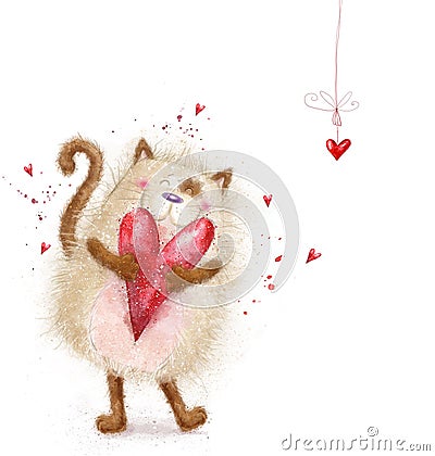 Love. Cute cat with red heart.Cat in love.Valentines day postcard.Love background.I love you.Meeting invitatnd drawn. Grunge heart Stock Photo