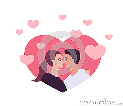 Love, date and relationship concept. Vector flat people illustration. Couple of man and woman lover on pink heart background Vector Illustration