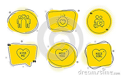 Friends couple, Miss you and Kiss me icons set. Love, Dating chat and Nice girl signs. Vector Vector Illustration