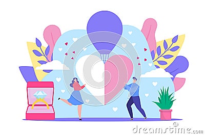 Love dating concept vector illustration, cartoon flat tiny man woman lover characters holding big heart together Vector Illustration