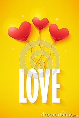 Love Day banner with volume heart balloons on yellow background. Vector card Vector Illustration