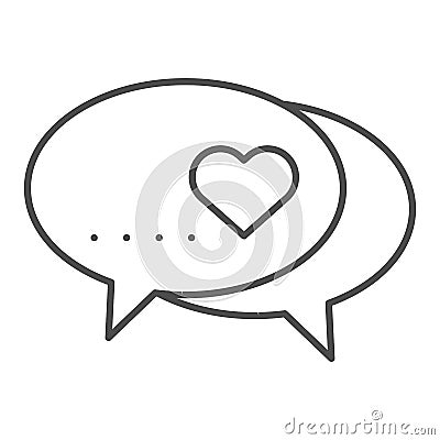 Love dialogue thin line icon. Romantic messages with heart symbol illustration isolated on white. Love chat Speech Vector Illustration