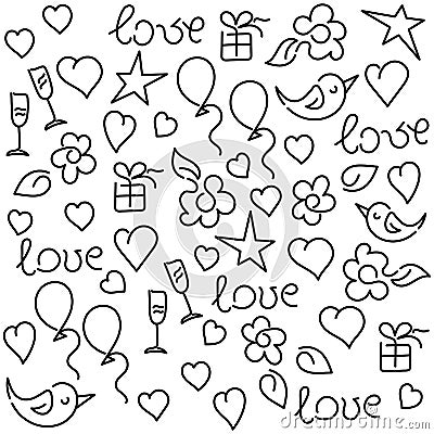 Love doodle background. Words Love, hearts and other. Black and white. Hand drawing Vector Vector Illustration