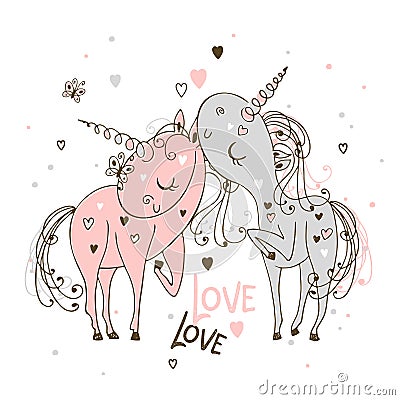 In love with each other unicorns the boy and the girl. Valentine. Vector Stock Photo