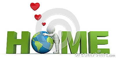 Love the earth concept 3d man hugging green globe in word home Stock Photo