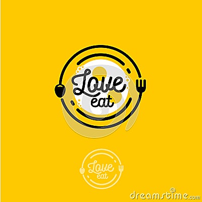 Love Eat logo Cafe or restaurant emblem. Plate with fork spoon and fried eggs. Vector Illustration