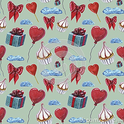 Love elements pattern. Love and sweets template design. Watercolor pattern whit cupcake, red heart lolipop, heart shaped Stock Photo