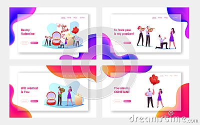 Love, Engagement and Marriage Landing Page Template Set. Man Stand on Knee Holding Ring Making Romantic Proposal Vector Illustration