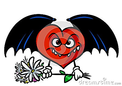 Love evil surprise bouquet flowers Red heart black wings character cartoon Cartoon Illustration