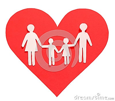 Love and Family concept. Paper Family in Red Heart isolated Stock Photo