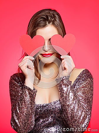 Love from first sight. Woman in stylish dress hold symbol love. Romantic mood. Girl in love dating. Obsession concept Stock Photo