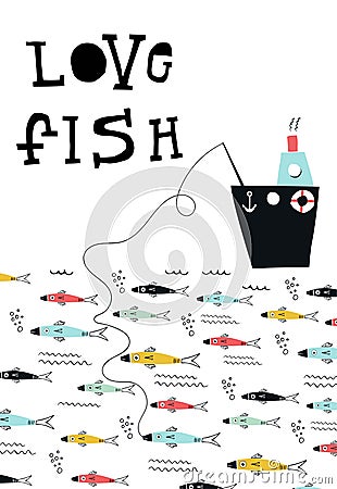 Love fish - fishing from the boat in the sea. Cartoon Illustration