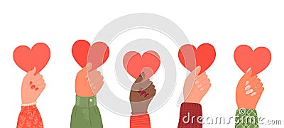 Love. Five hands holding hearts Vector Illustration