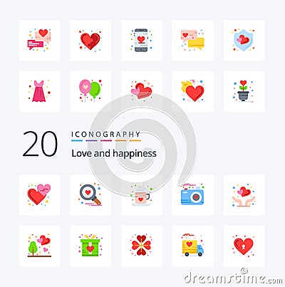 20 Love Flat Color icon Pack like love photo coffee love camera Vector Illustration