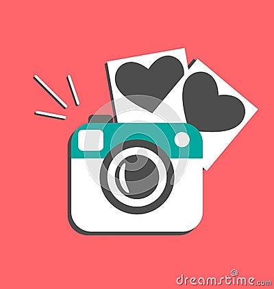 Love flat photo camera with hearts photo frames isolated on red Vector Illustration