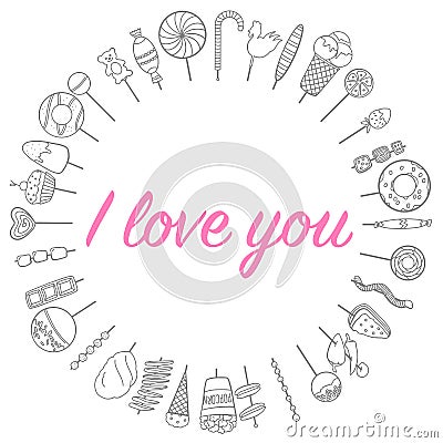 Love flowers sweets frame in a circle sketch Vector Illustration