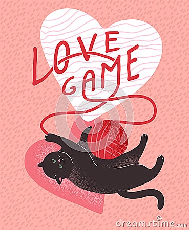 Love game. Cute cats in love. Romantic Valentines Day greeting card or poster. Cat play with ball of thread. Flyers Vector Illustration