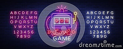 Love Game neon sign vector. Casino Slot Machines Logo in the neon style, gambling symbol, light banner, bright neon Vector Illustration