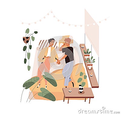 Love gay couple lying on bed at home. Romantic homosexual men relaxing in bedroom. Happy boyfriends lovers. LGBT Vector Illustration