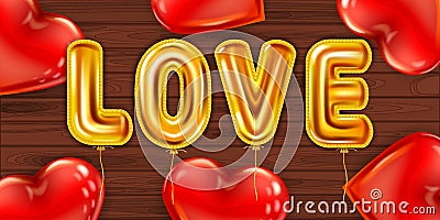 Love gold helium metallic glossy balloons realistic, red heart shape ballons background wood table, party, decoration Stock Photo