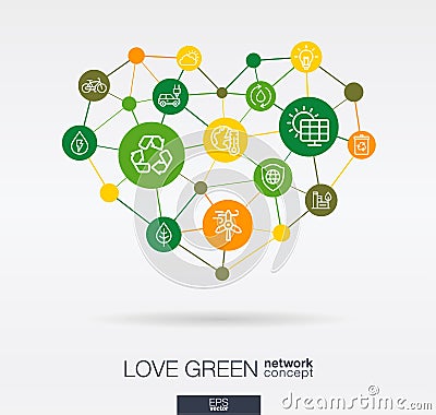 Love green, environmental integrated thin line icons in heart shape. Digital neural network concept. Vector Illustration
