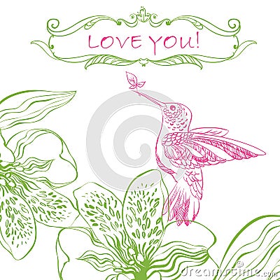 Love Greeting Card with Bird and Flowers. Vector Illustration