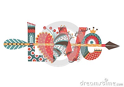 Love. Hand drawn lettering. Happy Valentine`s Day. Heart with arrow. Freehand style. Doodle. Holiday in February Vector Illustration