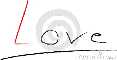 Love, hand written word with little red heart. Handwritten charcoal lettering calligraphy. Red and black letters. Isolated on whit Stock Photo
