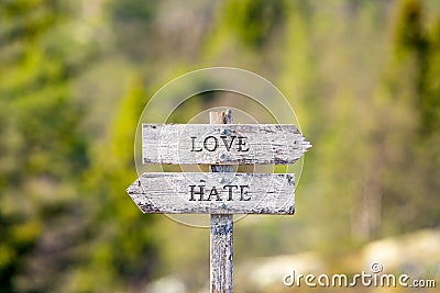 love hate text carved on wooden signpost outdoors in nature. Stock Photo