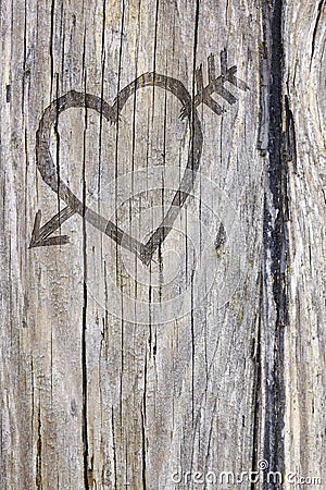 Love heart and arrow graffiti carved into wood Stock Photo