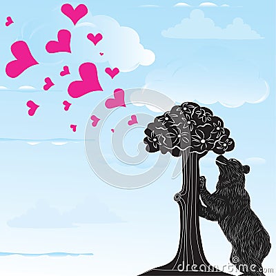 Love heart background with statue of Bear and strawberry tree and the words Madrid, Spain inside, Vector Illustration