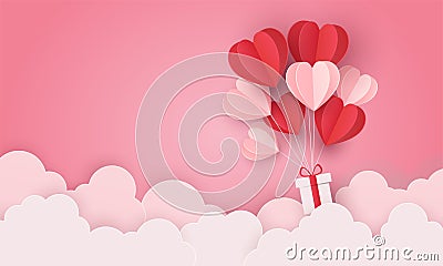 love heart balloon and gift flying over cloud. valentine's day, greeting card, posters and wallpaper. Vector Illustration