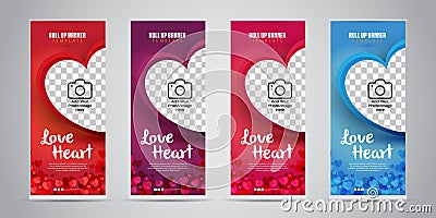 Love Heart Business Roll Up Banner with 4 Variant Colors Red, Purple, Pink/Magenta, Blue. Vector Illustration. Vector Illustration