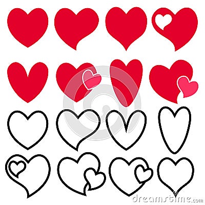 Love heart icon. Loving hearts, red like and lovely romance outline symbols. Valentine lovely passion hearted emotional drawn or Vector Illustration