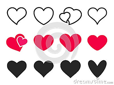 Love heart icon. Loving hearts, red like and lovely romance outline vector icons set Vector Illustration